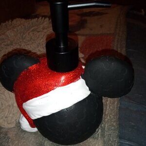 Disney Santa Mickey Mouse Head Holiday Christmas Red Glitter Soap Dispenser